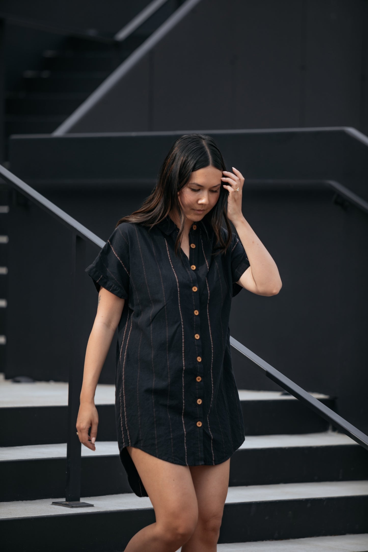 Paige Handwoven Cotton Relaxed Shirt Dress in Black - Pre-Order 2/30