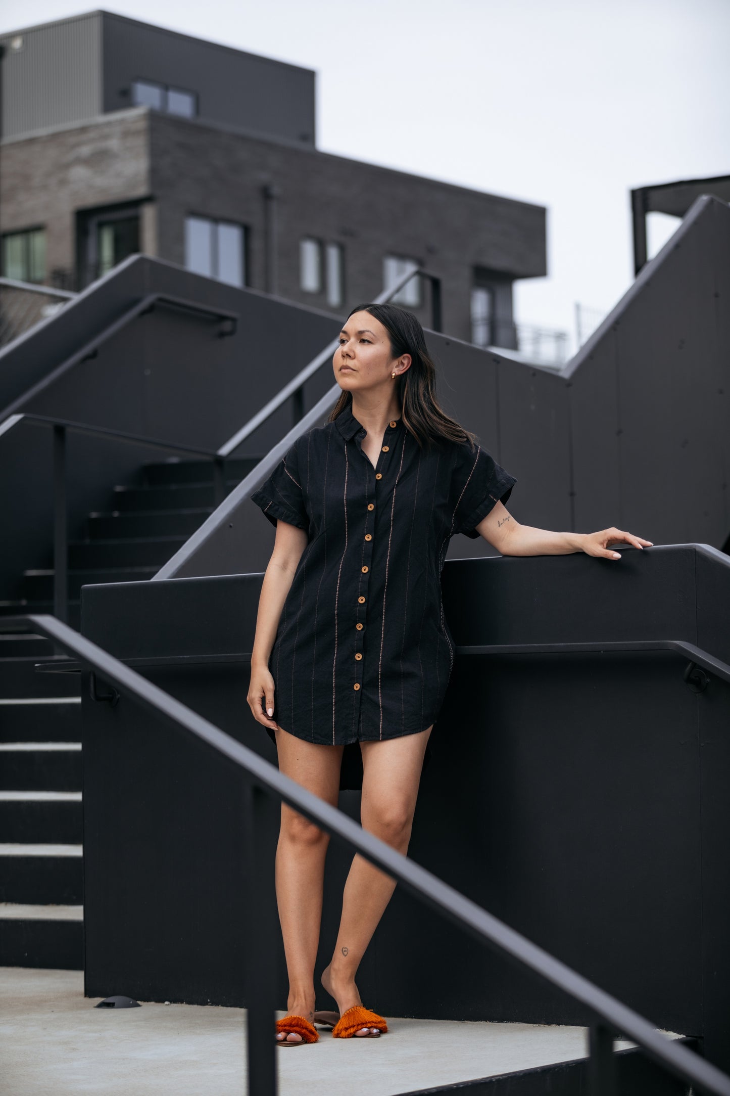 Paige Handwoven Cotton Relaxed Shirt Dress in Black - Pre-Order 2/30