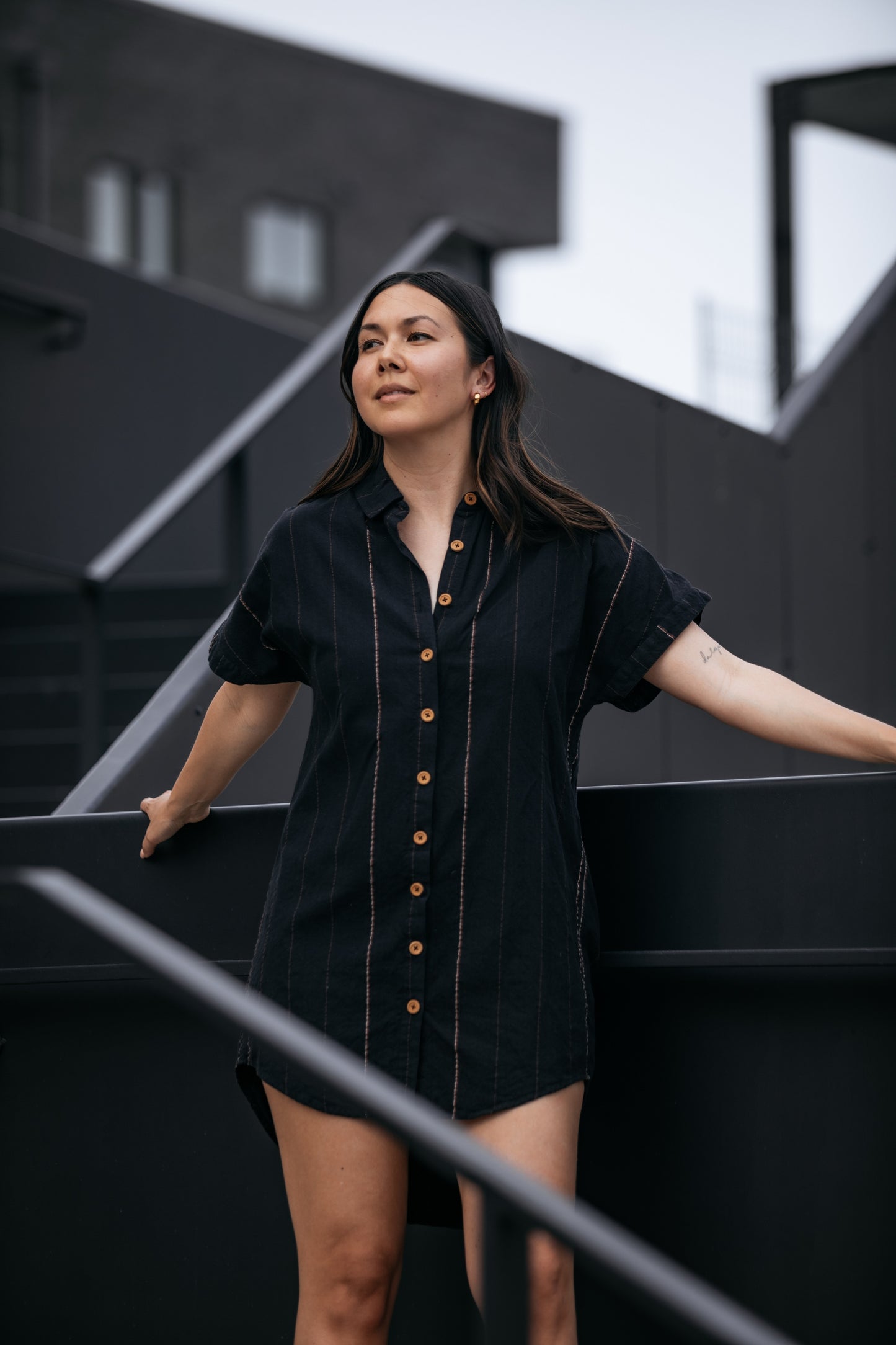 Paige Handwoven Cotton Relaxed Shirt Dress in Black - Pre-Order 2/30