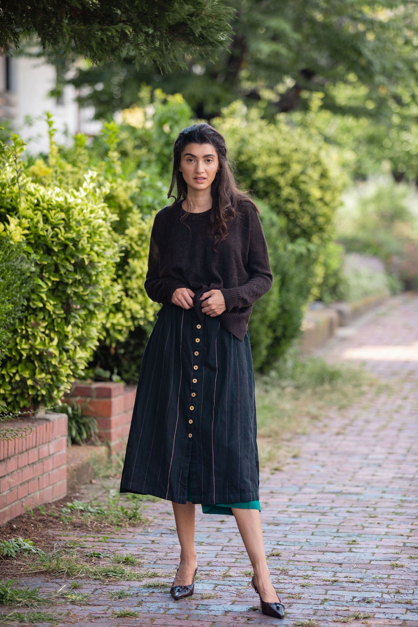 Handwoven Cotton Flair Midi Skirt in Dark Green