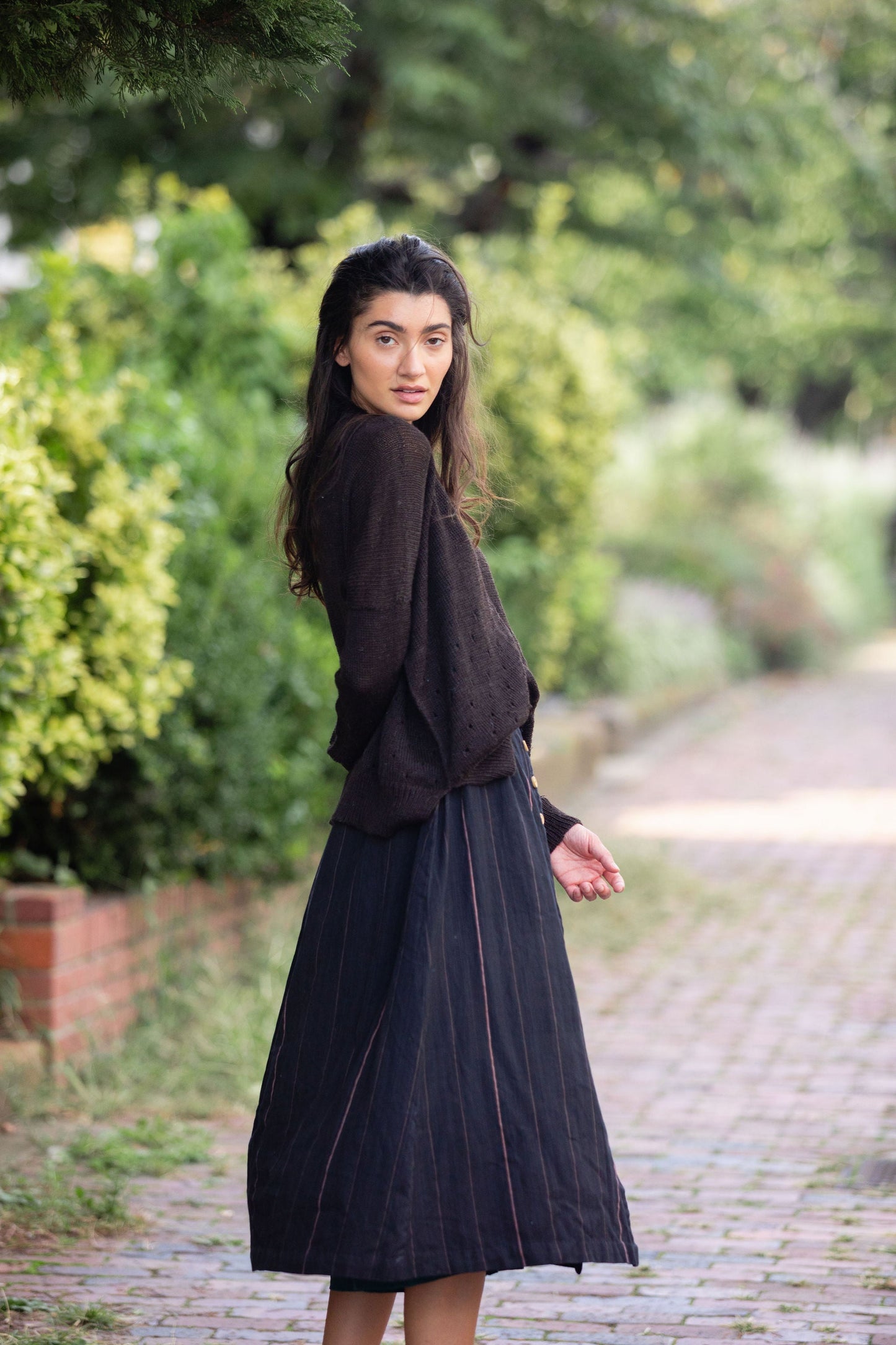 Handwoven Cotton Flair Midi Skirt in Dark Green