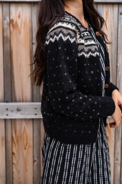 Hand Knit Nepali Wool Florence Cardigan Sweater in Black Made to Order