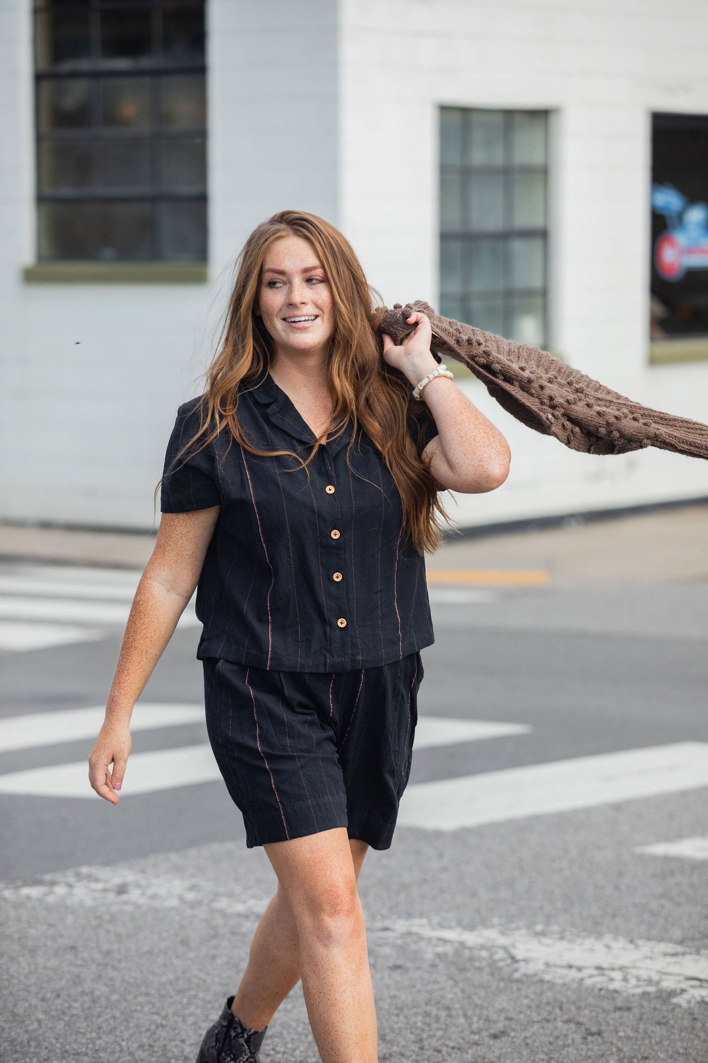 Handwoven Cotton Katie Crop Shorts Set in Black - Pre-Order 2/30