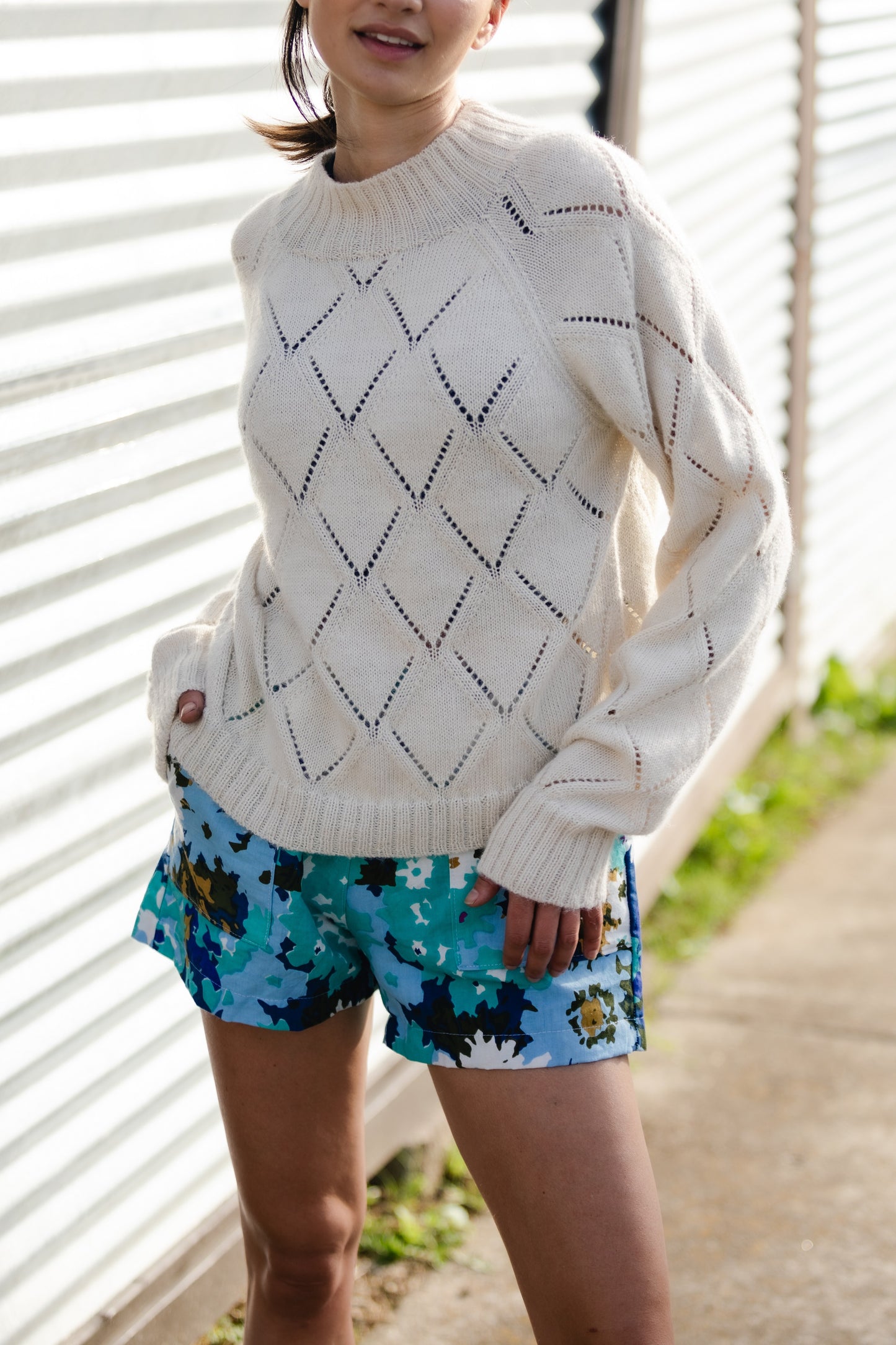 Baby Alpaca Lace Knit Mock Pullover in Eggshell