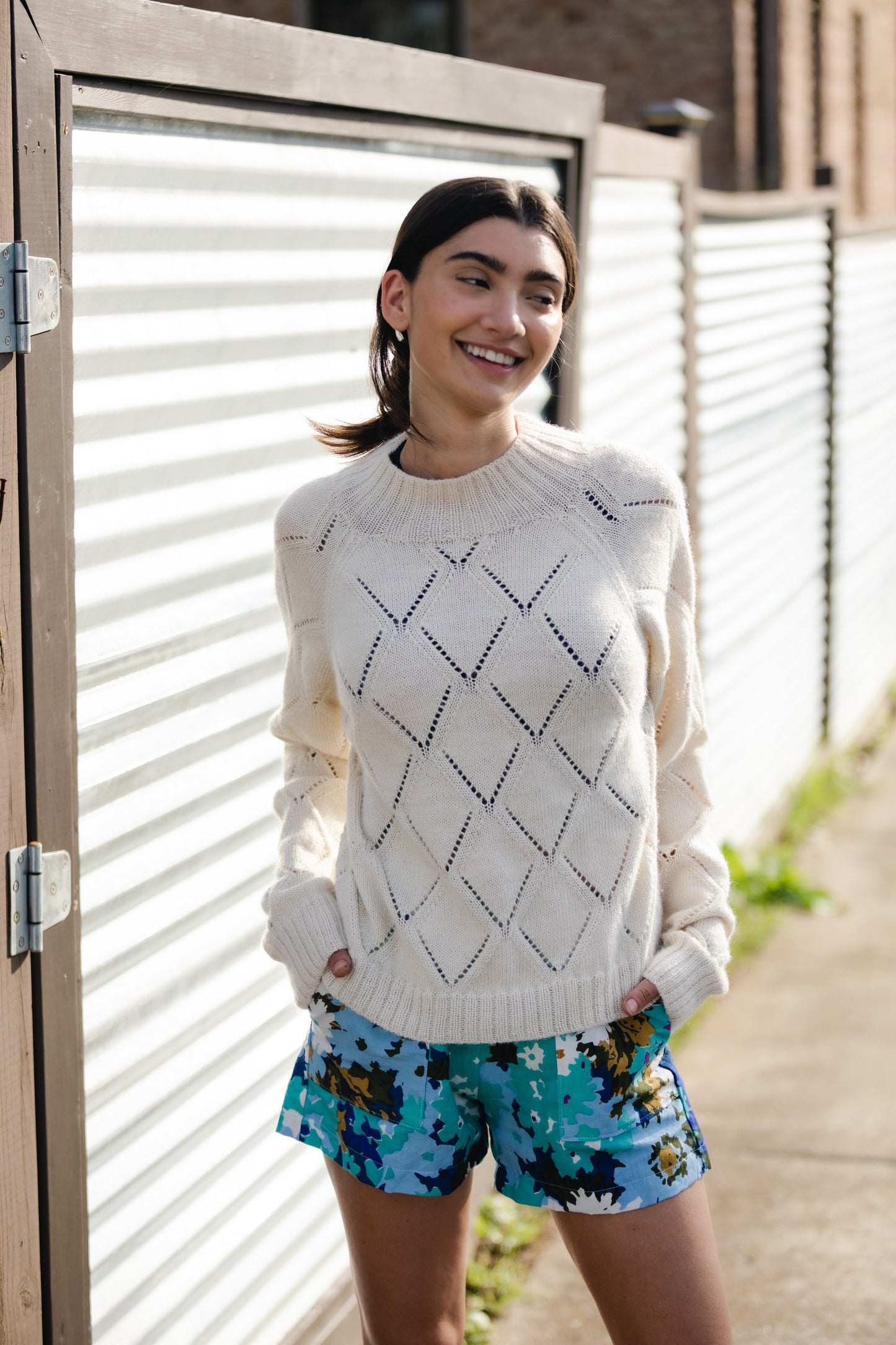 Baby Alpaca Lace Knit Mock Pullover in Eggshell