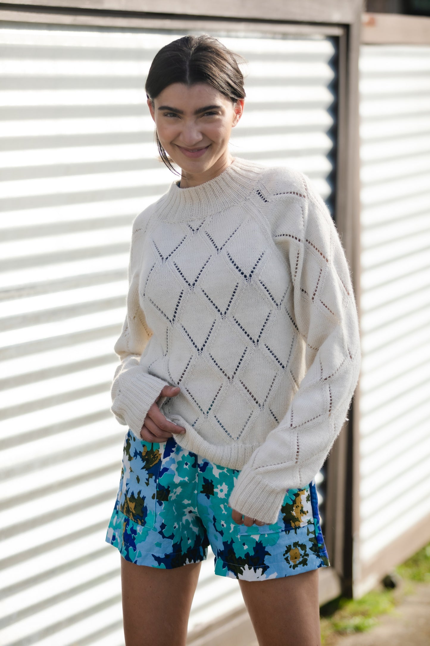 Baby Alpaca Lace Knit Mock Pullover in Eggshell