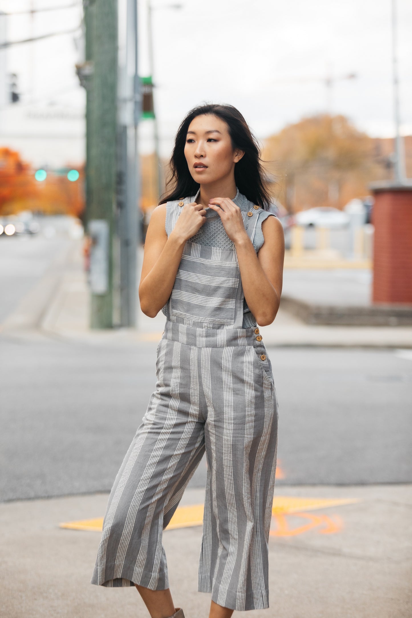 Dilsi Handwoven Cotton Overalls in Grey and White Stripe - Pre-Order 2/30