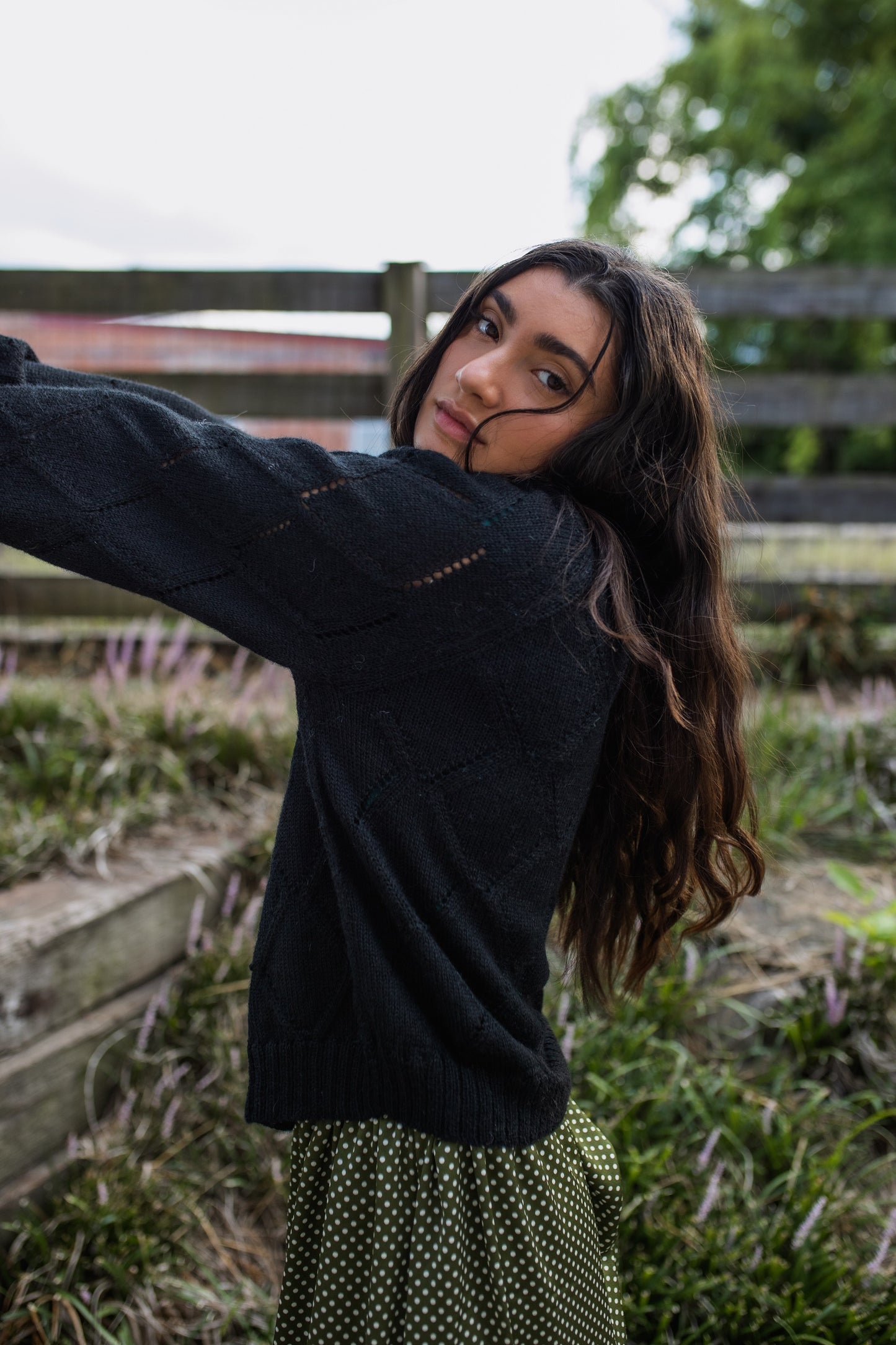 Baby Alpaca Lace Knit Mock Pullover in Black