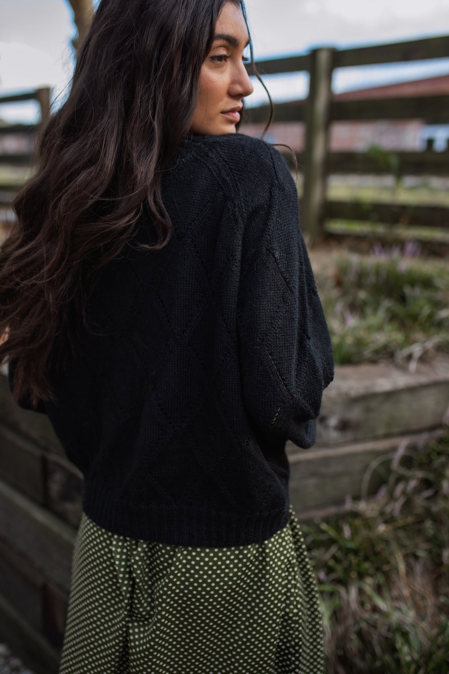 Baby Alpaca Lace Knit Mock Pullover in Black