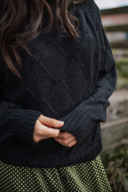 Baby Alpaca Lace Knit Mock Pullover in Black
