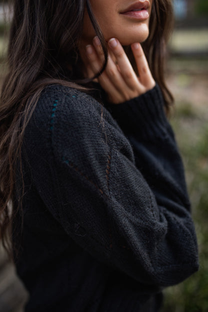 Baby Alpaca Lace Knit Mock Pullover in Black