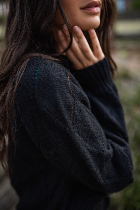 Baby Alpaca Lace Knit Mock Pullover in Black