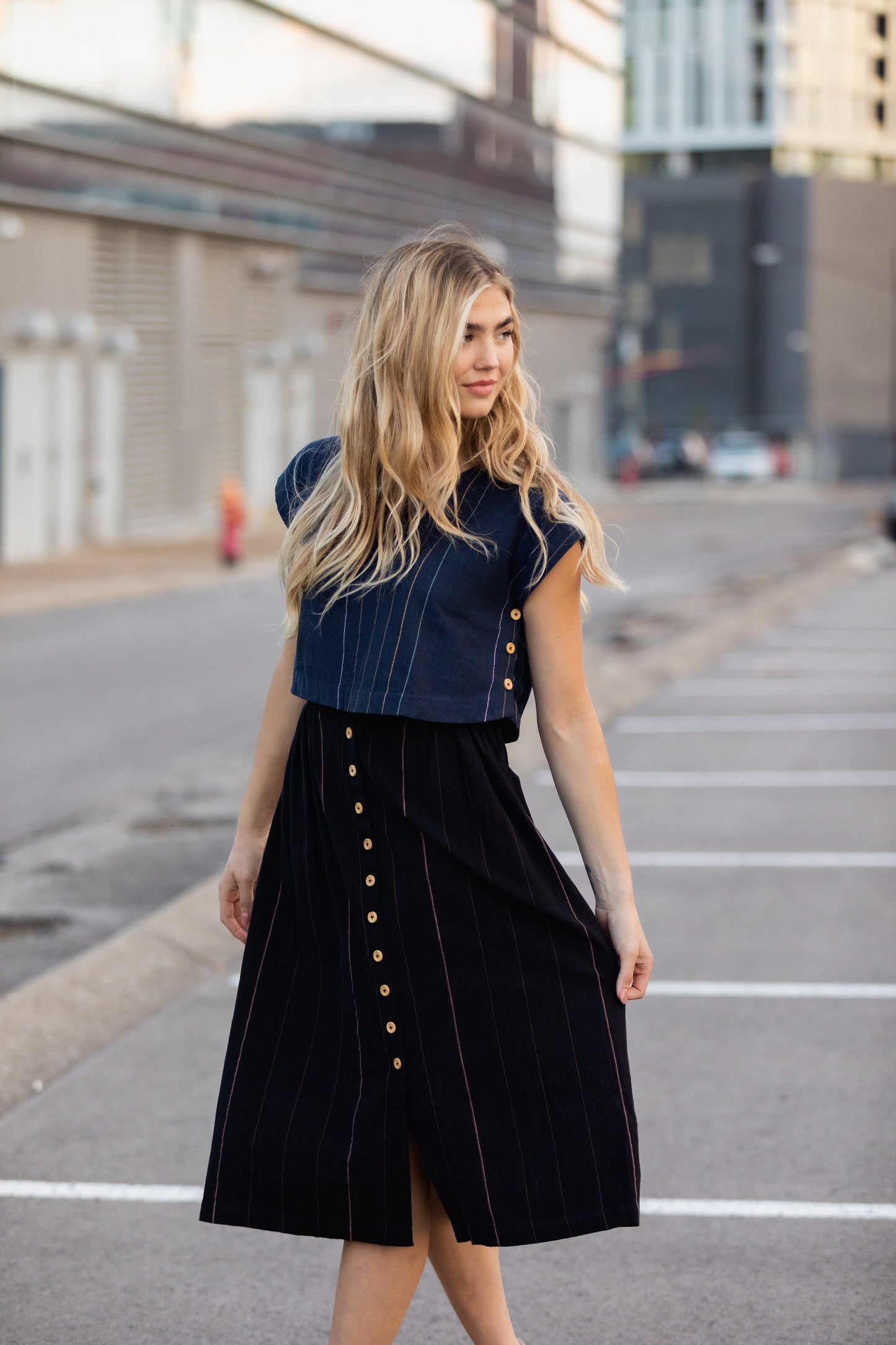 Handwoven Cotton Flair Midi Skirt in Dark Green