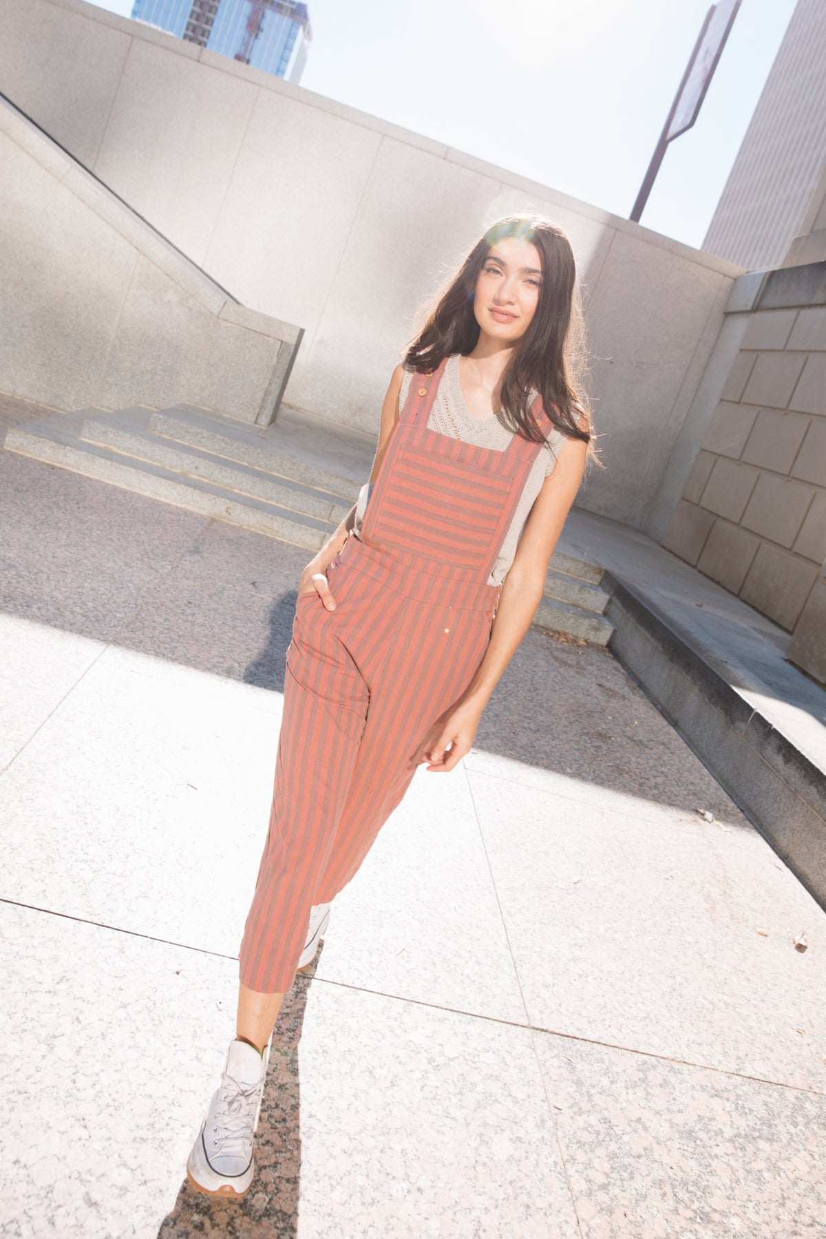 Dilsi Handwoven Cotton Overalls in Mauve and Dust Stripe Made to Order