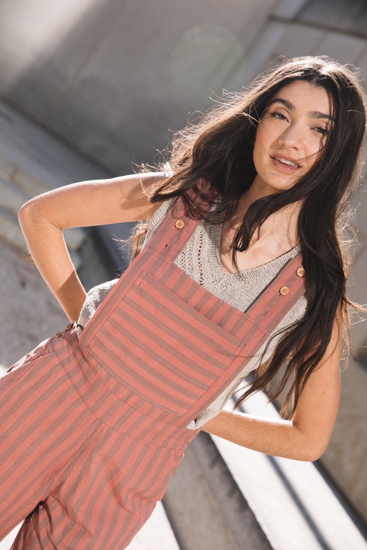 Dilsi Handwoven Cotton Overalls in Mauve and Dust Stripe Made to Order