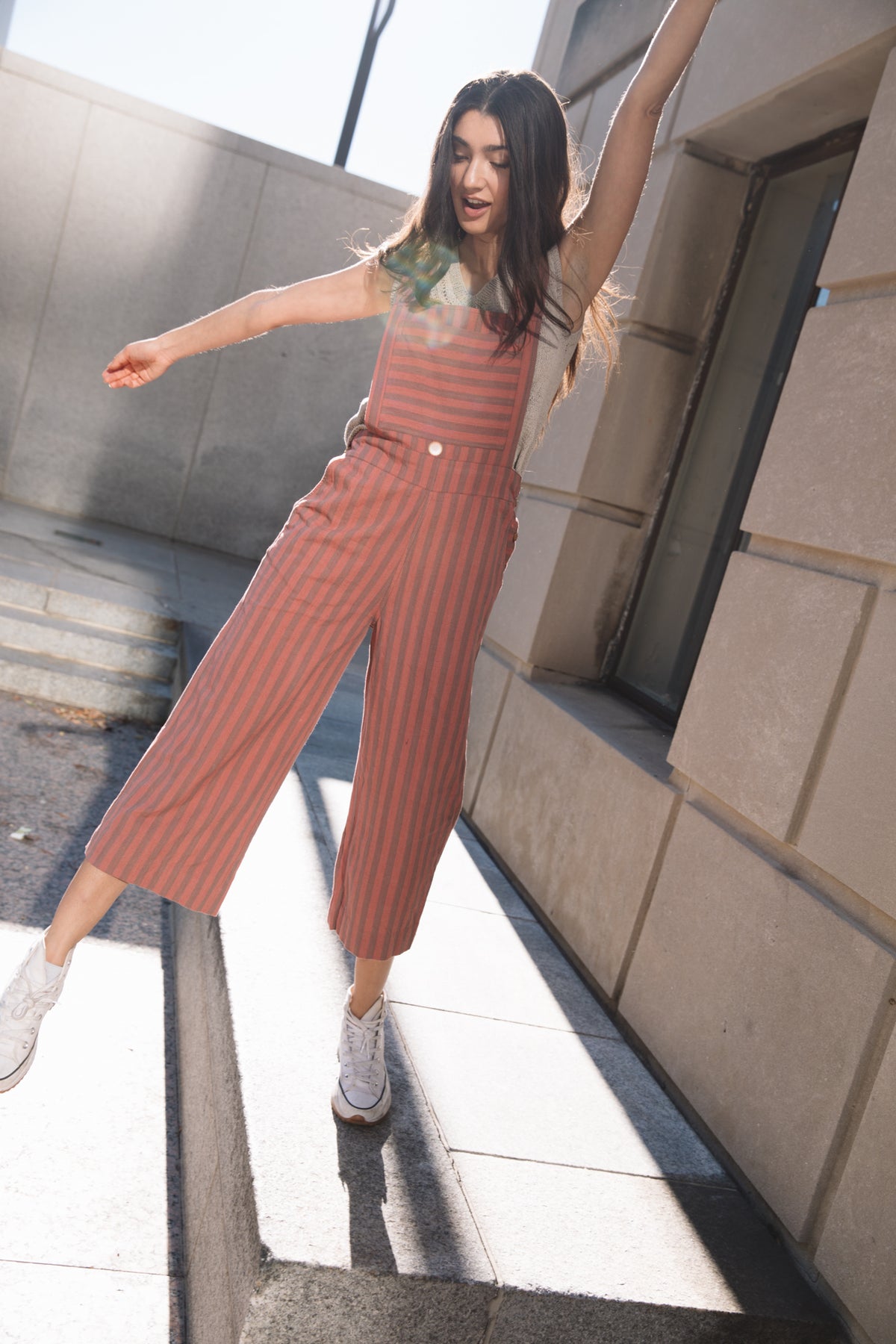 Dilsi Handwoven Cotton Overalls in Mauve and Dust Stripe Made to Order