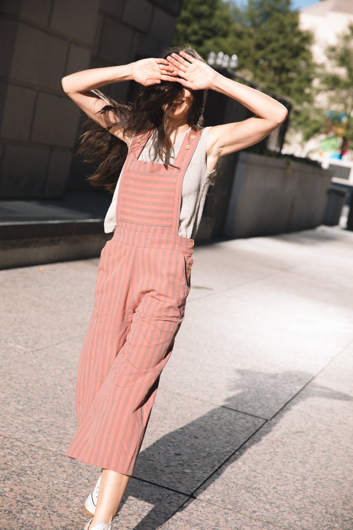 Dilsi Handwoven Cotton Overalls in Mauve and Dust Stripe Made to Order