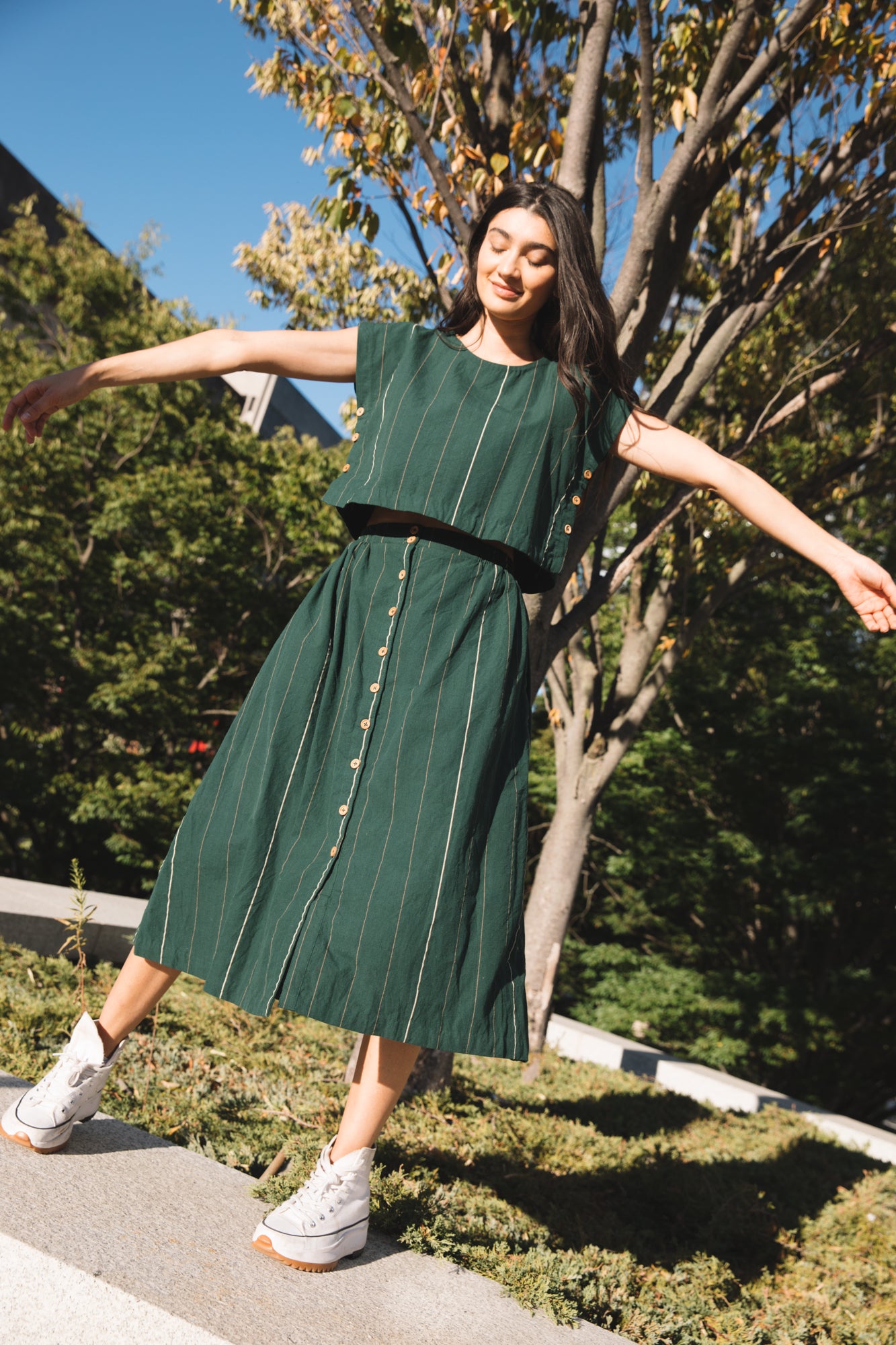 Handwoven Cotton Flair Midi Skirt in Dark Green