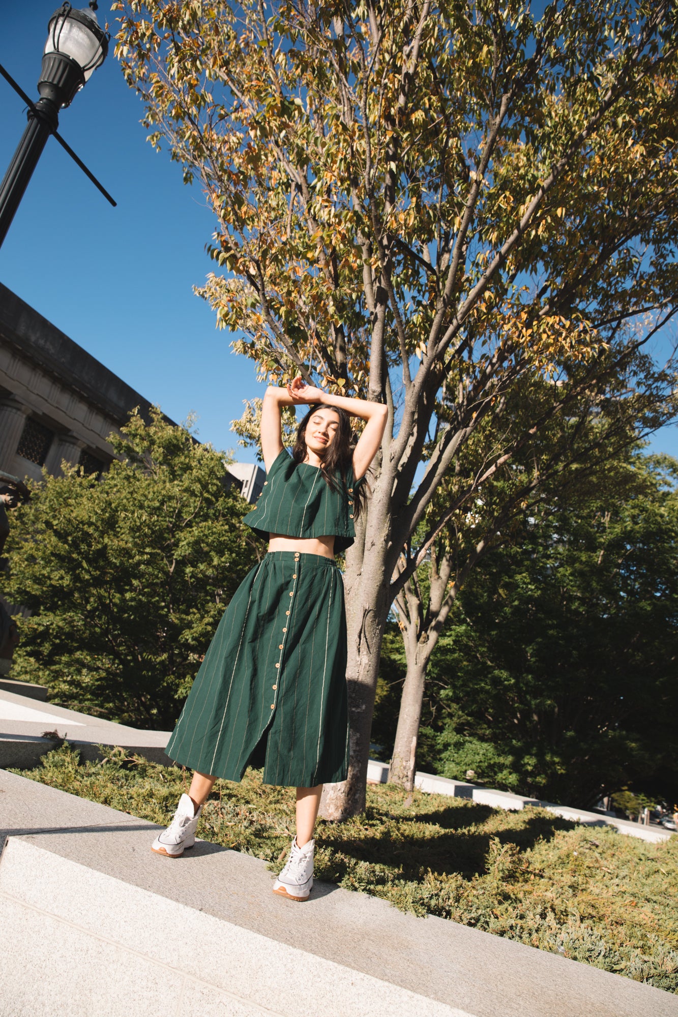 Handwoven Cotton Flair Midi Skirt in Dark Green