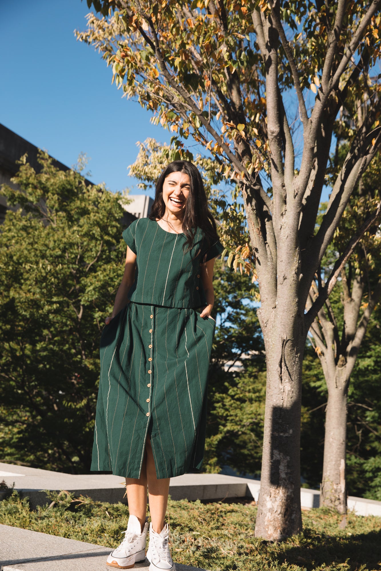 Handwoven Cotton Flair Midi Skirt in Dark Green