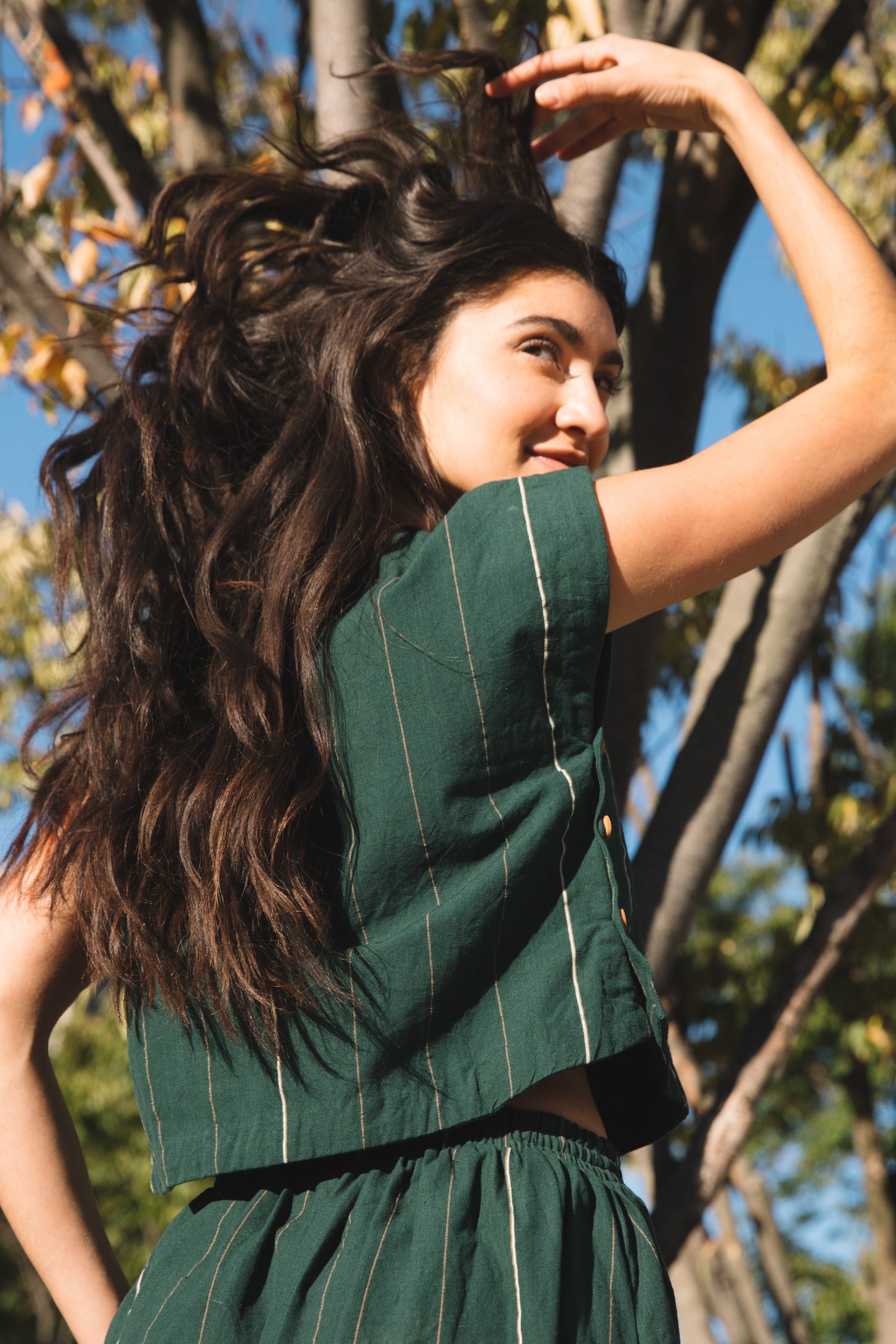 Handwoven Cotton Flair Midi Skirt in Dark Green