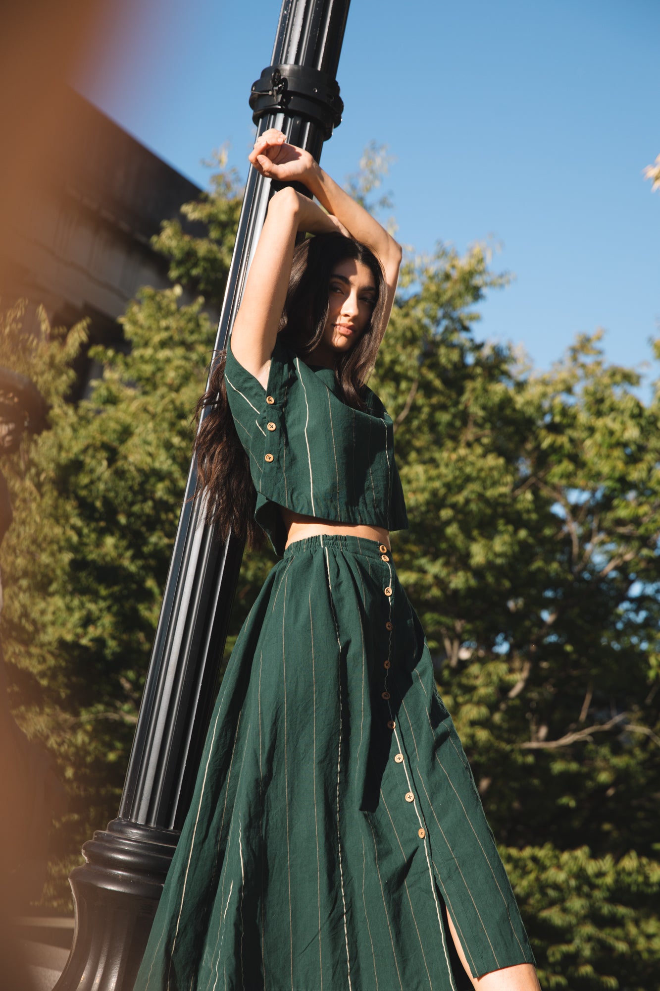 Handwoven Cotton Flair Midi Skirt in Dark Green