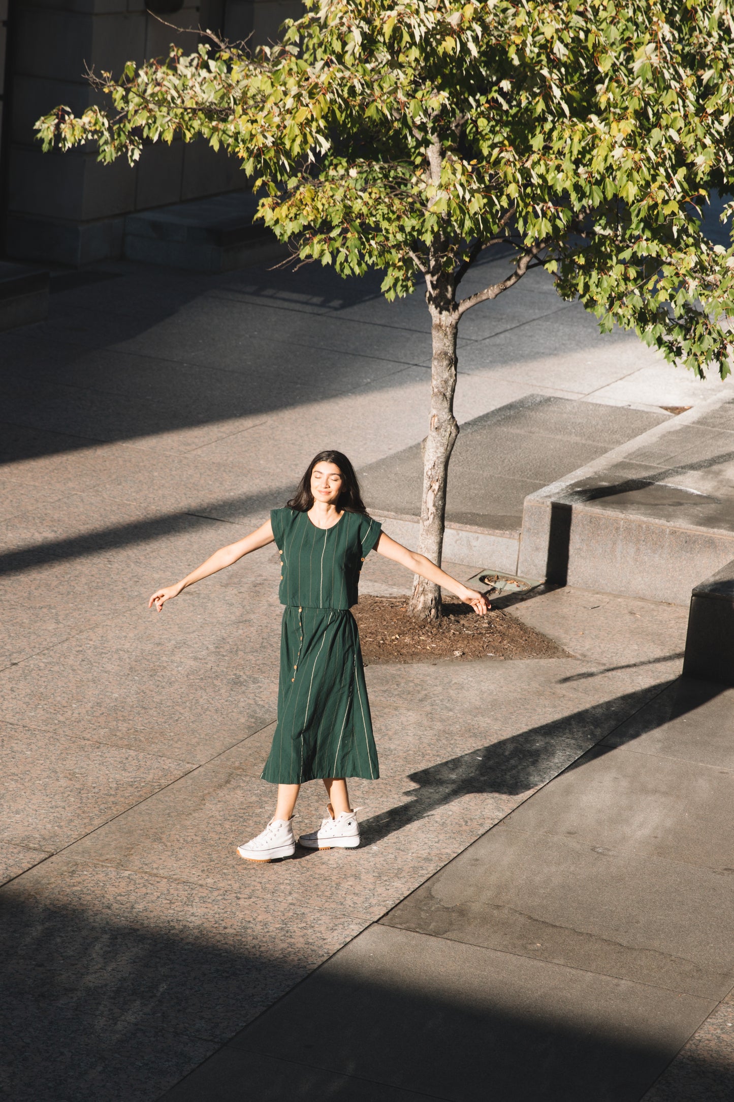 Handwoven Cotton Flair Midi Skirt in Dark Green