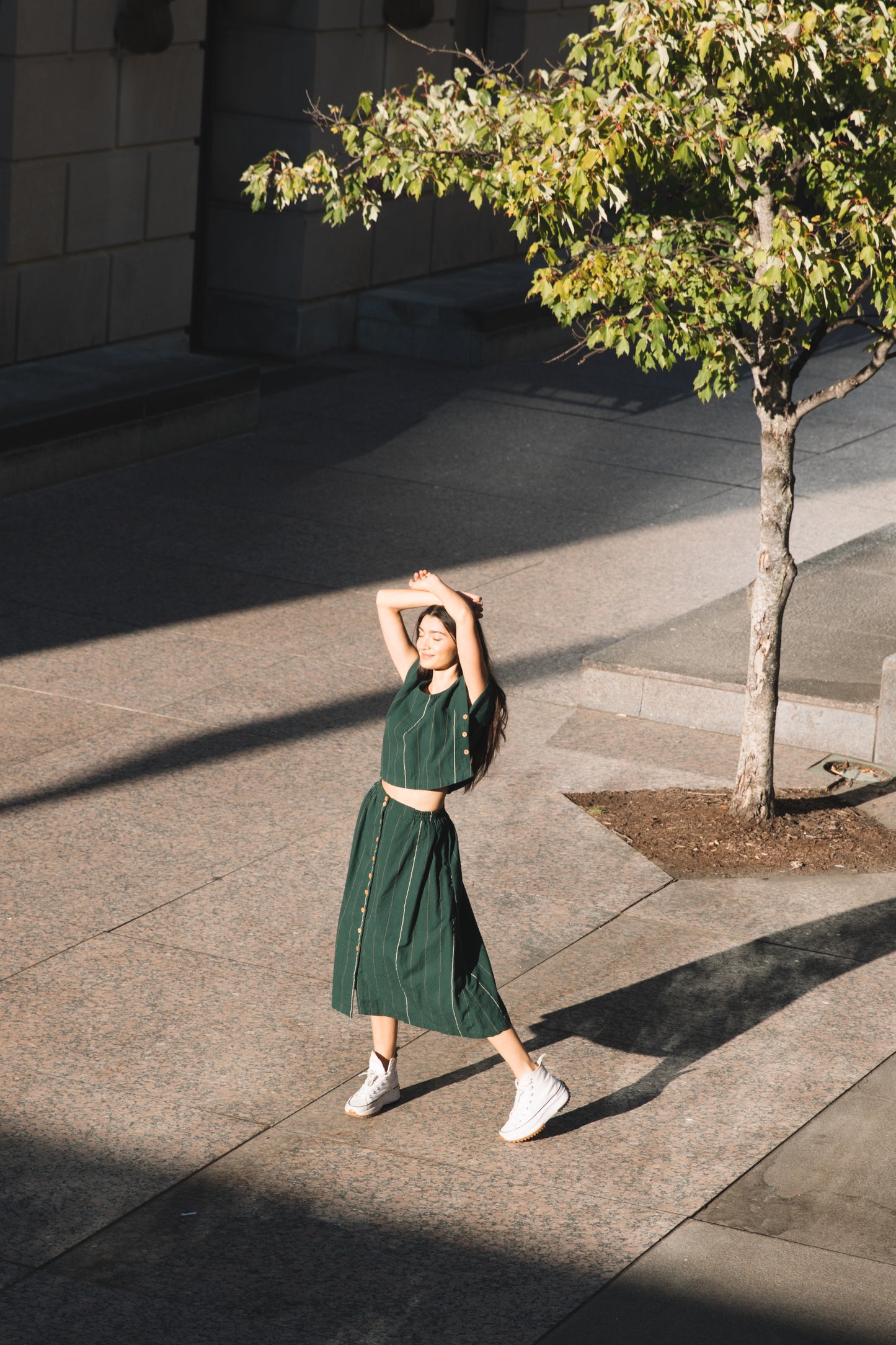 Handwoven Cotton Flair Midi Skirt in Dark Green