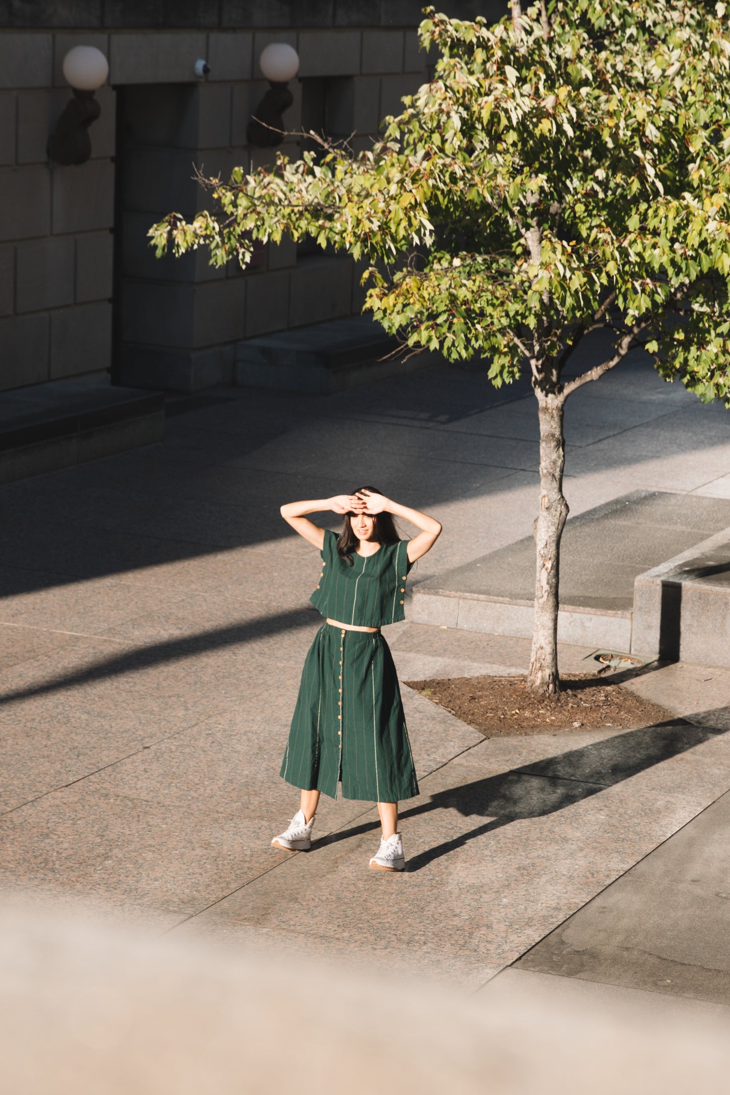 Handwoven Cotton Flair Midi Skirt in Dark Green