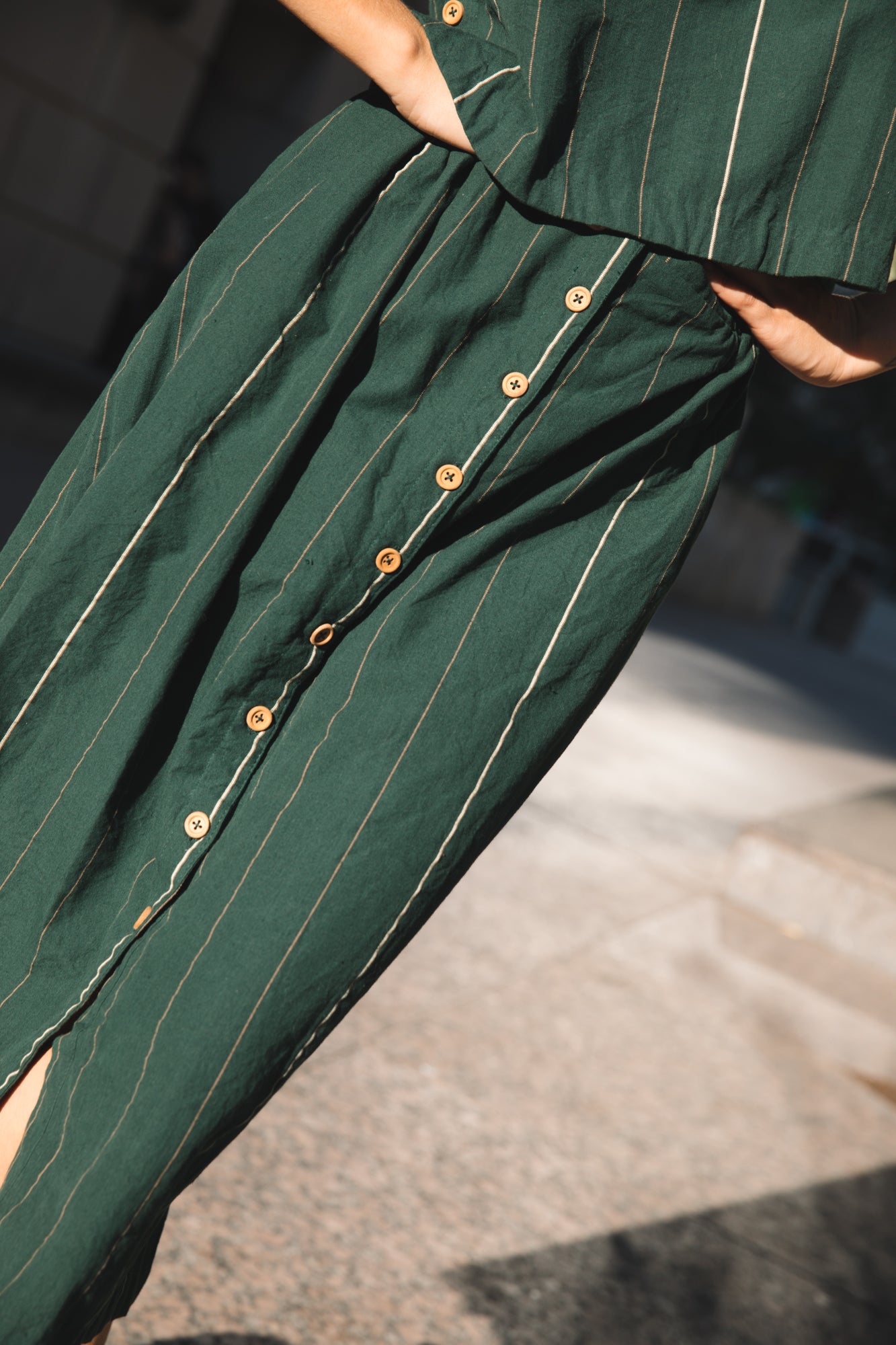 Handwoven Cotton Flair Midi Skirt in Dark Green