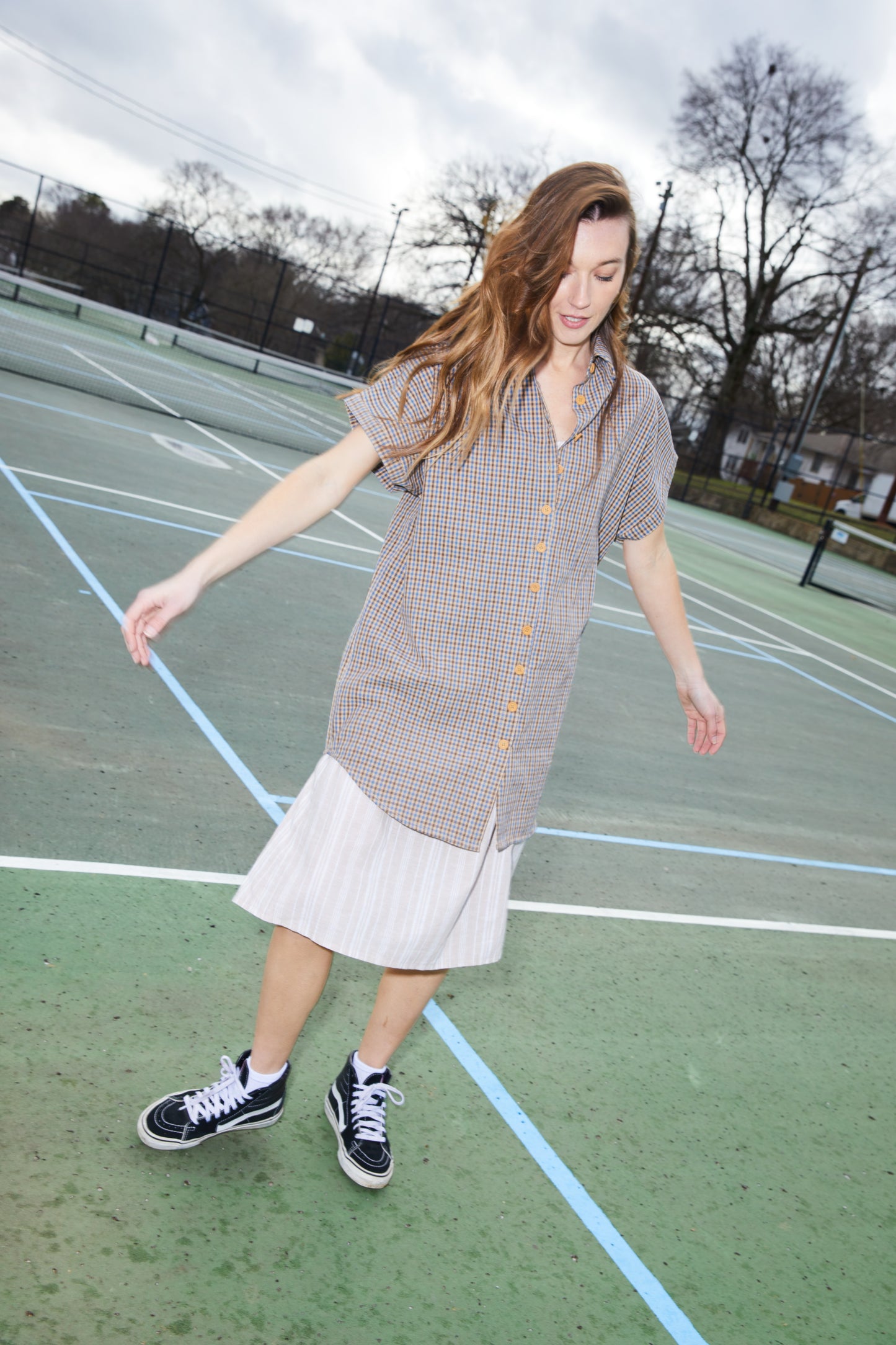 Paige Handwoven Cotton Relaxed Shirt Dress in Brown and Blue Plaid - Pre-Order 2/30