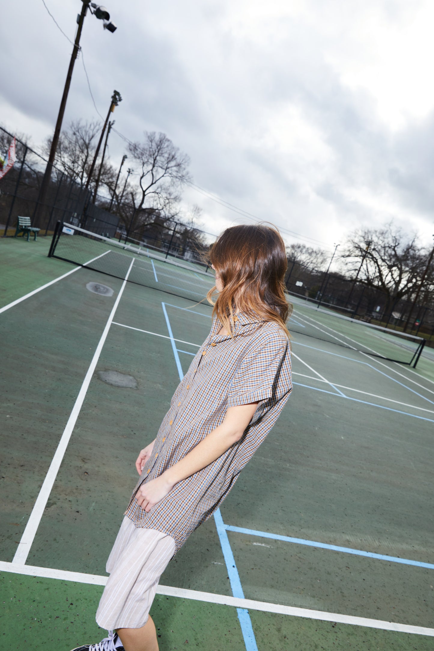 Paige Handwoven Cotton Relaxed Shirt Dress in Brown and Blue Plaid - Pre-Order 2/30