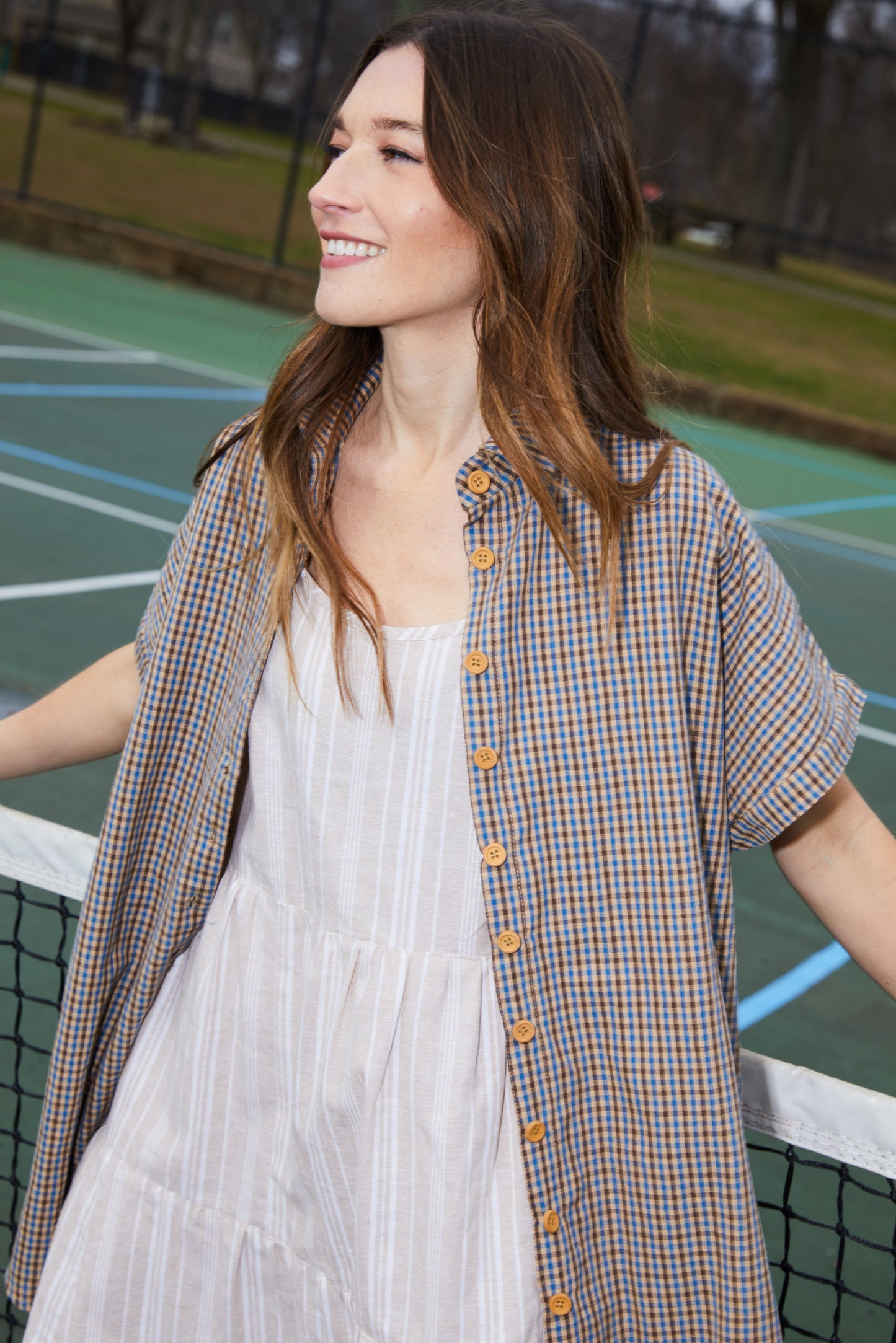 Paige Handwoven Cotton Relaxed Shirt Dress in Brown and Blue Plaid - Pre-Order 2/30