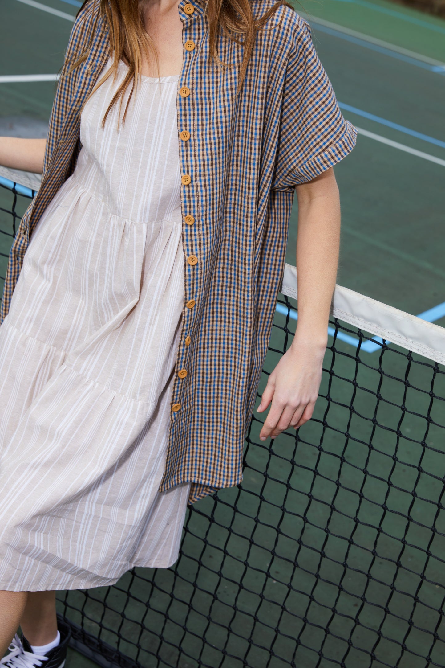 Paige Handwoven Cotton Relaxed Shirt Dress in Brown and Blue Plaid - Pre-Order 2/30